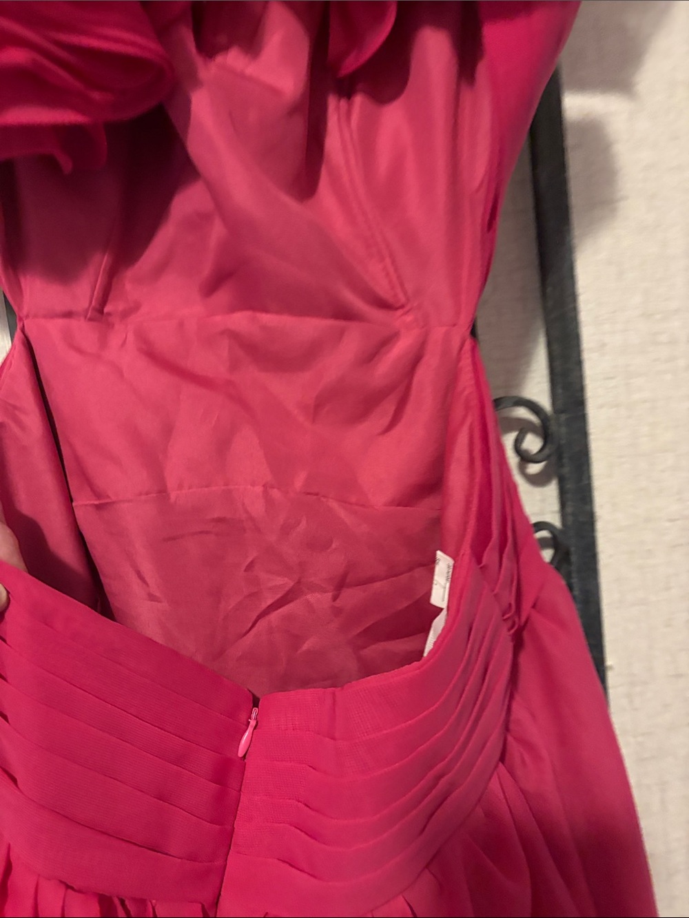 Fuchsia Ruffled Shoulder Prom Gown - Picture 3 of 4